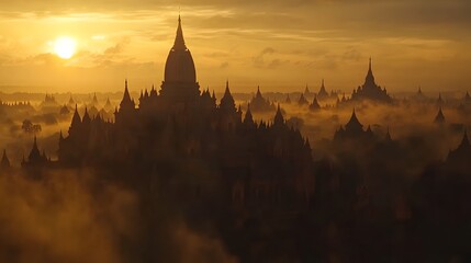 Fototapeta premium Golden Sunrise Over Ancient Temples In Myanmar