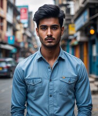 Fototapeta premium Young man of Bangladeshi nationality in casual shirt and jeans with focused portrait photo urban street background