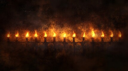 Fototapeta premium Flaming Candles In A Dark Menorah Setting