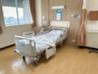 Blur image of Hospital bed in a luxurious and modern patient room. The atmosphere is clear and you can see the surrounding view