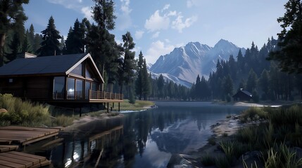 Fototapeta premium beautiful landscape wallpaper A tranquil mountain lake surrounded by evergreen forests, with a wooden cabin nestled on the shore under a bright blue sky.