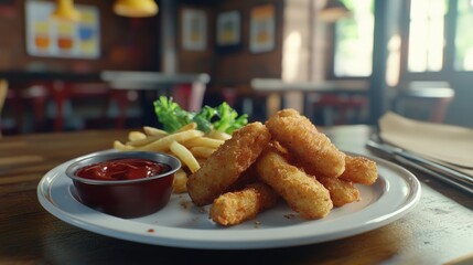 A plate of nugget stick with sacue and fries on wooden table