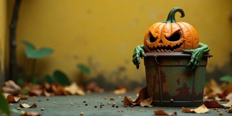 A grinning carved pumpkin with eerie green hands emerges from a rustic, aged metal container, autumn leaves scattered on the ground nearby.