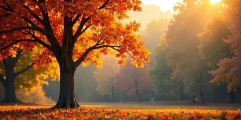 Golden Autumnal Tree in a Sunlit Meadow A Serene Landscape of Falling Leaves and Warm Sunlight