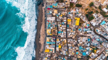 Fototapeta premium Aerial View of Vibrant Coastal Community with Colorful Rooftops Overlooking Waves and Sandy Beach in a Picturesque Coastal Landscape