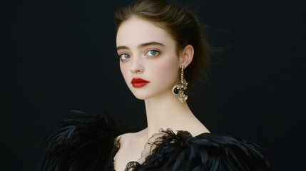 Fototapeta premium Elegant woman, dark dress, studio portrait, feather detail, black background