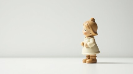 A petite figurine of a young girl, dressed in a simple white robe and brown shoes, stands in profile, gazing thoughtfully into the distance, a peaceful scene against a stark white backdrop.