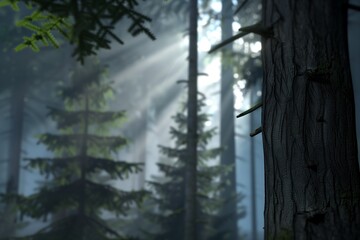 Fototapeta premium beautiful landscape wallpaper Misty forest scene with towering pine trees and sunlight filtering through the fog, creating a magical, ethereal atmosphere.