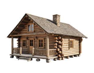Rustic Wooden Log Cabin with a Stone Chimney