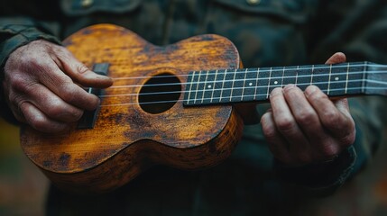 Fototapeta premium Close-up of Hands Skillfully Playing a Rustic Ukulele in Nature