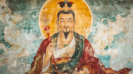 Weathered Mural Depicts Ancient Dignitary Holding Staff