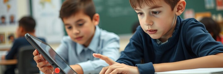 Focused young boy with glasses sitting at desk in classroom, engrossed in using a tablet for learning, device, student, education