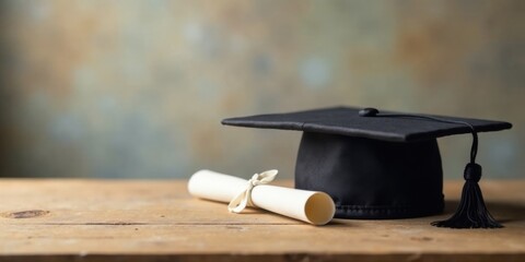 A Graduation Cap and Diploma Resting on a Rustic Wooden Tabletop