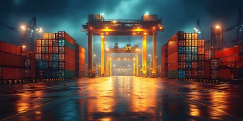 Obraz premium Night cargo port, containers, rain.