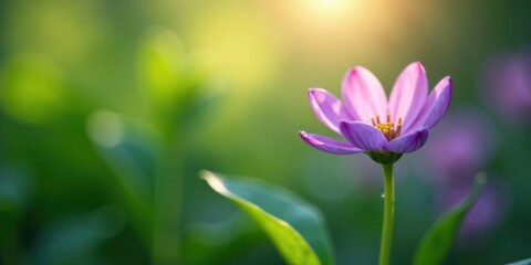 A single delicate lilac flower basking in the warm glow of the setting sun, surrounded by a soft focus of verdant foliage