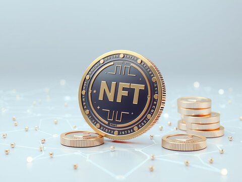 Futuristic 3D rendering of a non-fungible token (NFT) concept on a blockchain technology platform, illustration, non-fungible token, concept