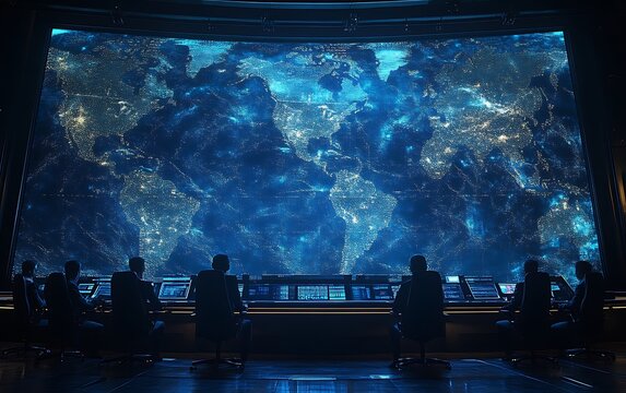 Global network monitoring team in control room. - Powered by Adobe