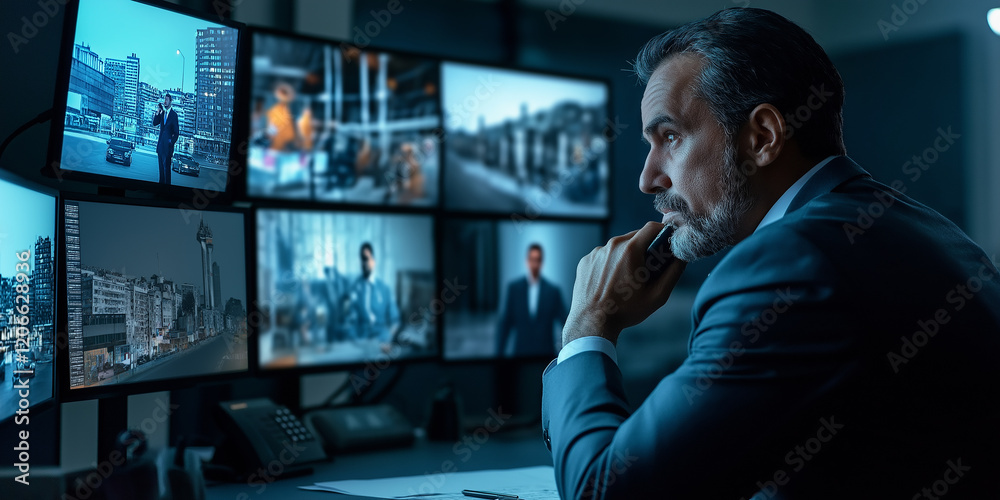 Poster security guard monitoring multiple cctv footage on computer screens in surveillance room
