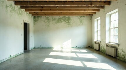 Sunlit Empty Room with Exposed Wooden Beams and Aged Walls