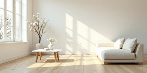 Serene Minimalist Living Room Design with Sunlight Streaming Through Window, Featuring a Comfortable Sofa and Elegant Decor