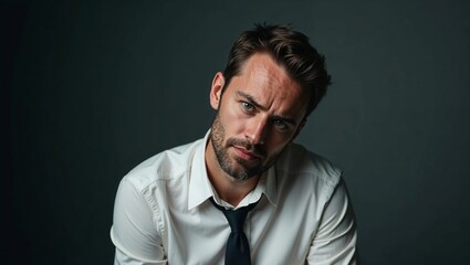 Obraz premium A man in his late thirties, wearing an white shirt and tie, is sitting down looking sad with his head tilted to the side, dark grey background
