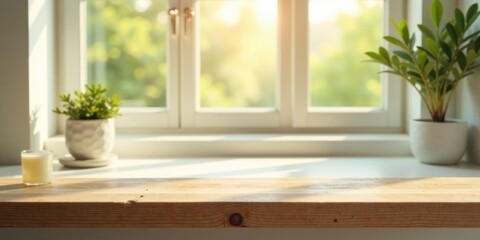Sunlit Wooden Windowsill Display Peaceful Home Interior Scene with Plants and Candle