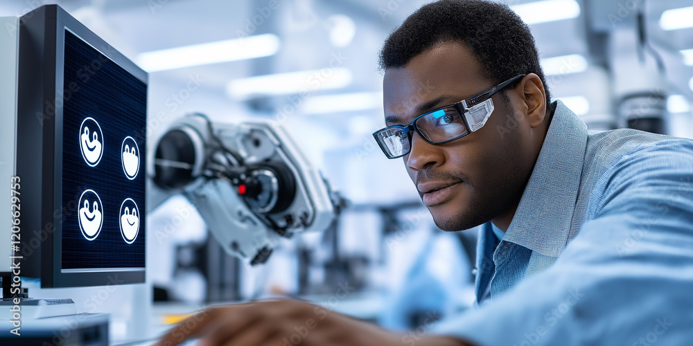 Poster Industrial engineer programming mood detection software for robotic arm in modern factory