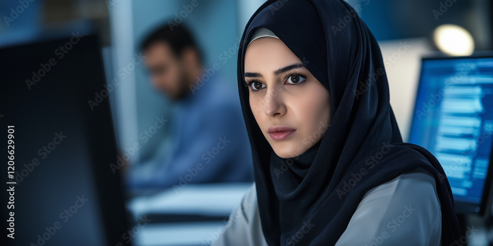 Poster focused muslim software engineer working on computer in office at night
