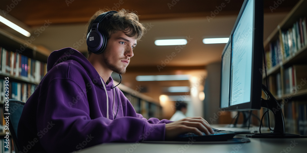 Poster focused student wearing headphones working on computer in library