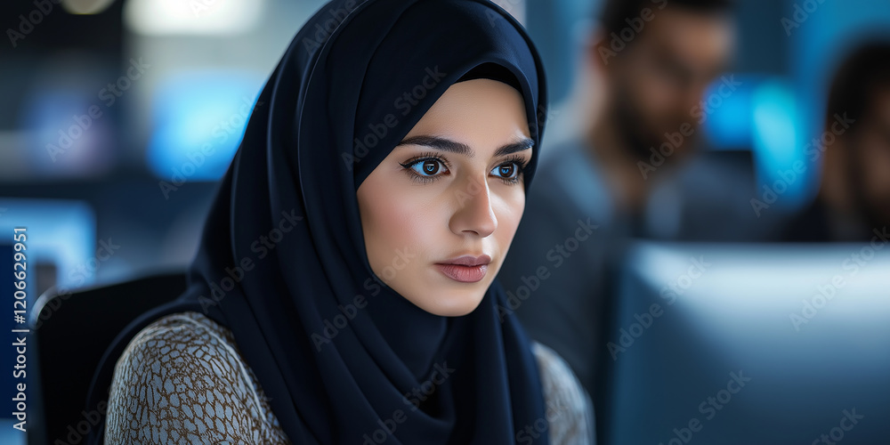 Aufkleber Muslim software developer working on computer in busy office
