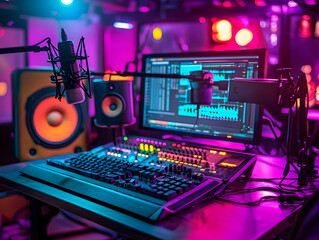 Vibrant recording studio setup with microphone, audio mixer, computer, and speakers, illuminated with pink and blue neon lights.  Perfect for music production, podcasting, or streaming content.