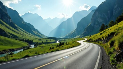 Naklejka premium Asphalt ribbon winds through a sun-drenched valley, nestled amidst majestic mountains and vibrant green meadows, a scenic roadway journey awaits