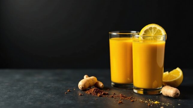 Golden elixir Refreshing and healthy beverage in glasses, garnished with citrus slices, alongside fresh ginger root and spice powder on a dark surface.
