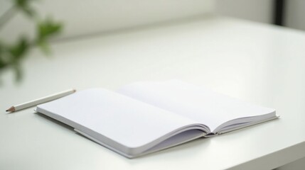 A Blank Notebook Awaits Your Ideas, Ready for Notes and Sketches, Beside a Simple Pencil on a Pristine White Surface