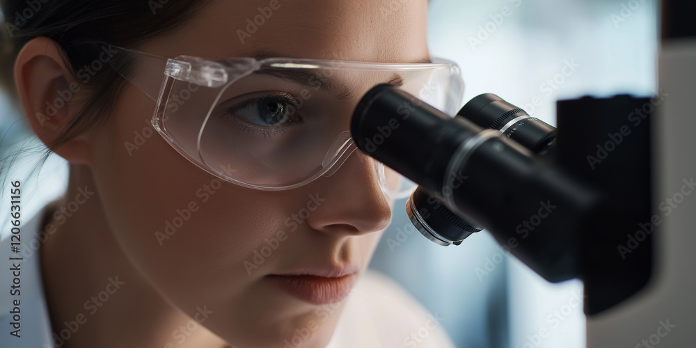 Aufkleber scientist working with microscope doing research in laboratory