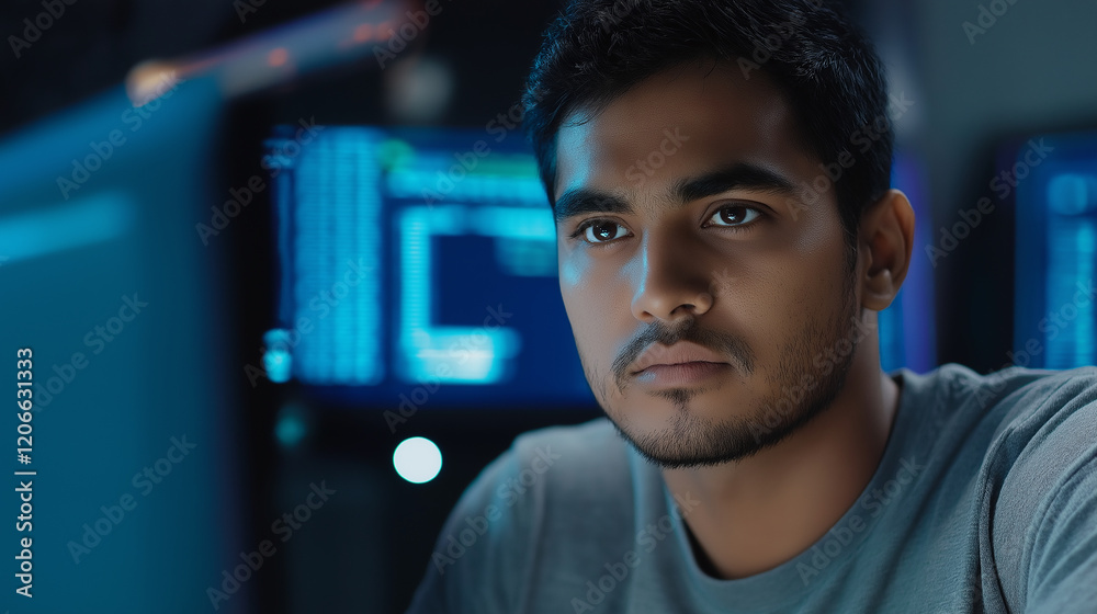 Aufkleber Focused software developer working on computer code at night in office