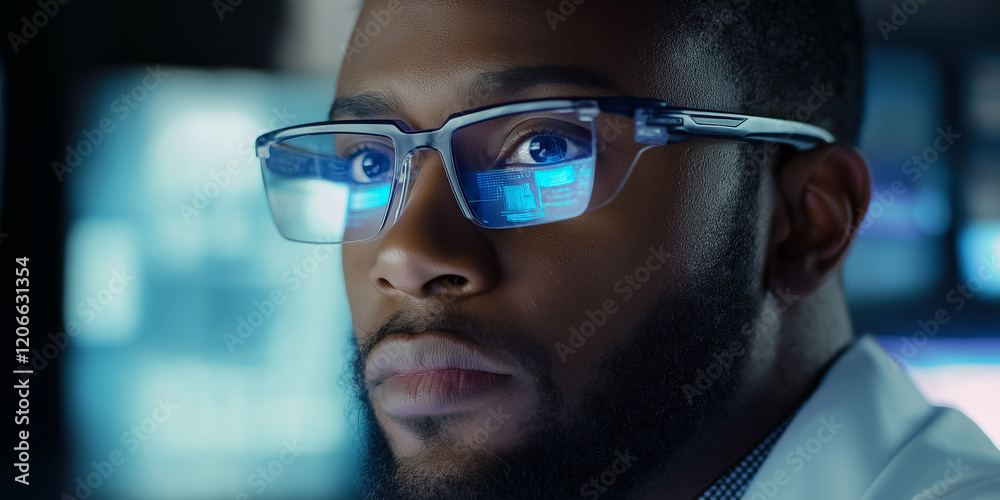 Poster Scientist wearing augmented reality glasses working in laboratory using futuristic technology