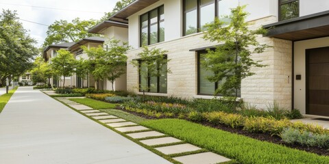 Water-efficient landscaping surrounding minimalist homes with natural stone facades, highlighting sustainable practices in residential architecture.