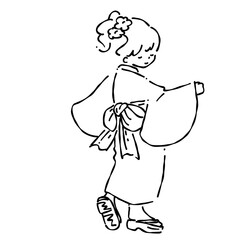 浴衣を着た女の子＿線画
