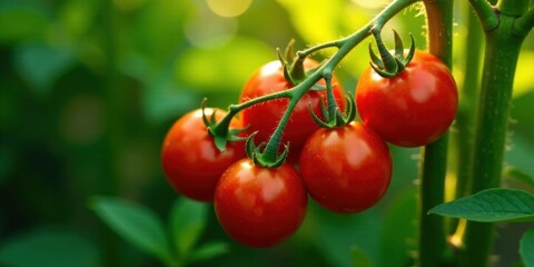 Vibrant red tomatoes ripening on the vine, bathed in warm sunlight, showcasing their juicy texture and natural beauty in a lush green garden