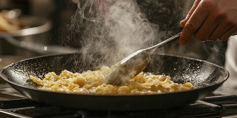 Close-up of a sizzling pan with steam rising while a chef mixes vibrant ingredients together.