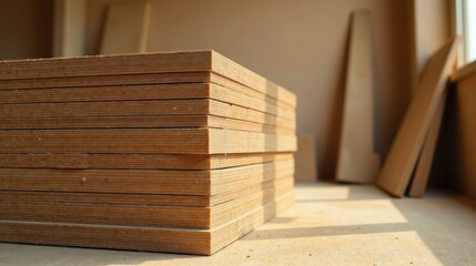 Neatly Stacked Wooden Panels in a Workshop Setting, Ready for Construction or Manufacturing Processes