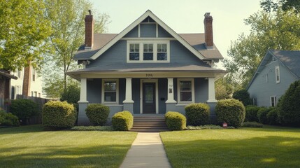 Gray House with a Green Lawn