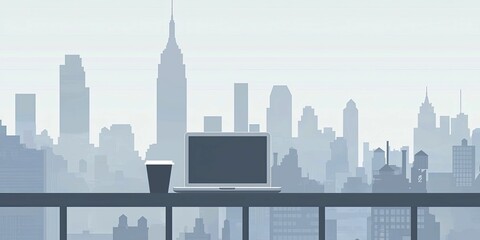 Naklejka premium A serene depiction of a laptop and coffee on a balcony overlooking a city skyline.