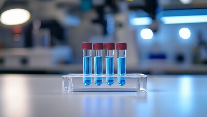 Four test tubes with blue liquid in a lab.