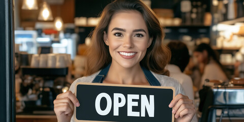 Smiling coffee shop owner holding open sign at cafe entrance