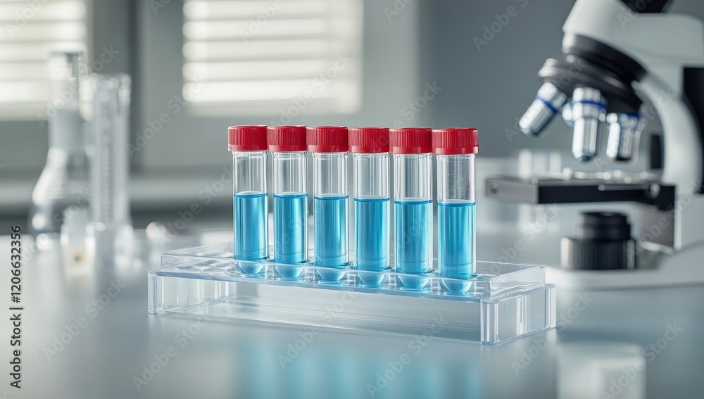 Poster lab test tubes with blue liquid, microscope in background.