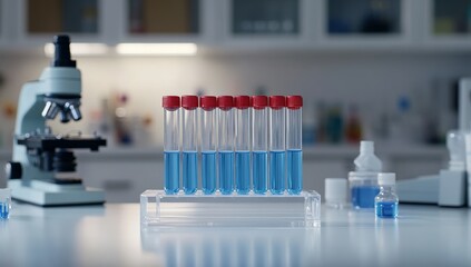 Test tubes with blue liquid in a lab.