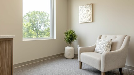 Calm and inviting therapy space featuring plush seating, natural light, and decorative elements promoting relaxation, self-care, and mental well-being.