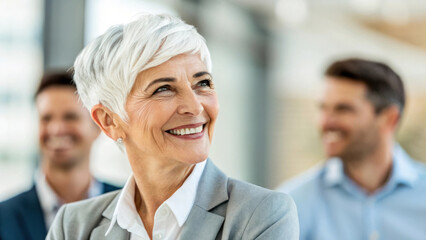 Obraz premium Smiling woman with short white hair in business setting, exuding confidence and positivity